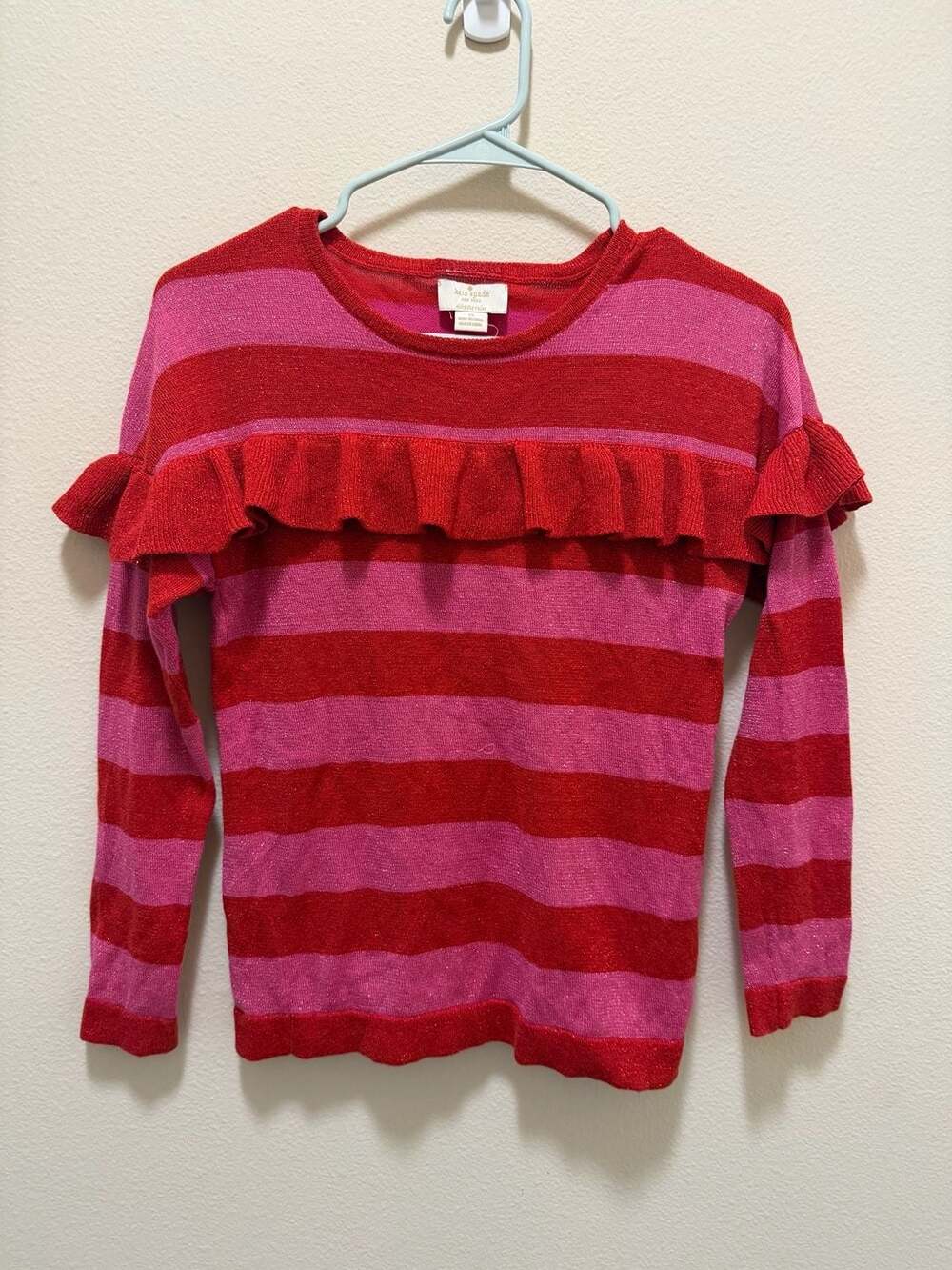 Kate Spade New York Red and Pink Striped Metallic Knit Ruffle Sweater Size 10